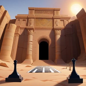 Rugged desert temple ruins provide the dramatic backdrop as the resurrected Mummy, wrapped in tattered linen bandages, makes a calculated move against his cunning black Shadow opponent. Chess pieces and ancient artifacts scattered across the sandy floor, as the Golden Sun sets behind, casting an eerie glow on the mystical game.