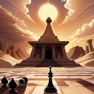 Rugged desert temple ruins provide the dramatic backdrop as the resurrected Mummy, wrapped in tattered linen bandages, makes a calculated move against his cunning black Shadow opponent. Chess pieces and ancient artifacts scattered across the sandy floor, as the Golden Sun sets behind, casting an eerie glow on the mystical game.