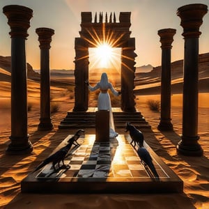 An epic desert scene, a giant chessboard with greek columns, a single white queen defends herself with blades, two black rooks attack, incredible detail, sun setting in the background, epic scene, desert sunset,