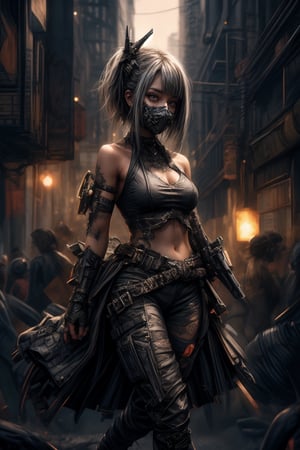 (masterpiece), (best quality), 1girl, solo girl, pixie cut hair, wearing a black halter top, small breast, bare midriff, exposed midriff, leaning on wall with shoulder, wears long black cargo pants with boots, BREAK, has Day of the Dead mask painted on the face, detailed mask, BREAK, big green eyes, highly detailed, BREAK, city background, cinematic lighting, vibrant, 8k resolution, highly detailed, ultra-realistic, bright_background, backlit