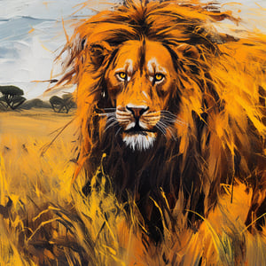 Acrylic, impasto, impasto painting style with acrylic, thick and textured palette knife strokes, thick impasto, striking and surreal imagery. An impressive male African lion with its large mane and fierce yellow eyes. Its mouth opens in a roar, revealing its threatening fangs. The entire scene is framed by the vast African savanna, with its typical grasslands and isolated trees. The wild essence of its species captured in the image. Impasto. Impasto.