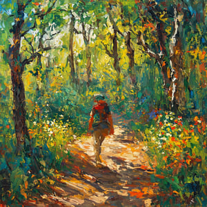 Vibrant impasto brushstrokes burst forth with bold, contrasting colors on the canvas as a young, slender elf emerges from the mystical forest. With the palette knife, thick strokes of green and brown hues evoke textured leaves and twigs, intricately woven into his attire. His slender frame and delicate features glow with joy as he walks towards us along the winding path. The sunlight casts dappled shadows on the forest floor, while blooming wildflowers surround him, their petals shimmering like jewels in the gentle light.