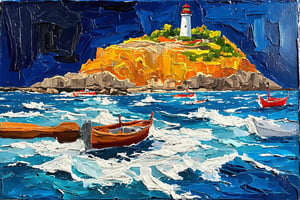 Impasto technique with acrylic. Thick and strong movements with the spatula. Bright and contrasting colors. Marked textures with great relief giving the sensation of three dimensions.
A dramatic impasto artwork of a tiny island lighthouse stands resilient amidst turbulent waters under a dark, starless night sky (La noche es oscura y tormentosa). Thick, heavy brushstrokes with the spatula create textured ridges and valleys, giving depth to the scene. The lighthouse's intense light pierces through the chaos, guiding small fishing boats against the clashing blues and whites of the sea, and warm yellows and oranges of the beacon itself. Acrylic-impasto