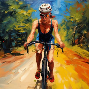 Acrylic, impasto, impasto painting style with acrylic, thick and textured palette knife strokes, thick impasto, striking and surreal imagery. Close-up image of a naked female cyclist, wearing only sunglasses and a headband, pedaling along the route in a wooded landscape. Impasto.