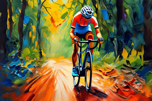 Acrylic, impasto, impasto painting style with acrylic, thick and textured palette knife strokes, thick impasto, striking and surreal imagery. 
A close-up of a female cyclist wearing her usual sports attire, pedaling along the route in a forest landscape. Impasto.