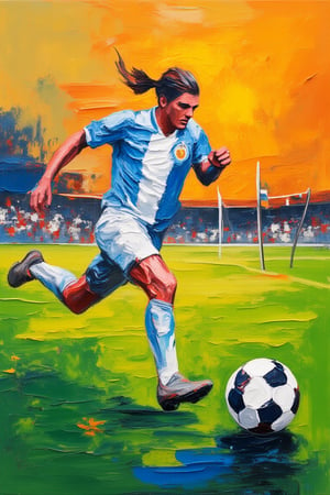 Masterpiece painting. A soccer player wearing the Argentina jersey and ready to shoot at the goal. impasto-acrylic