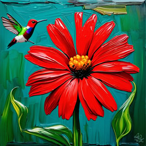 A hummingbird hovers in the air while sipping from a large red flower. impasto-acrylic