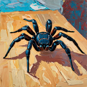 A dark and menacing tarantula walks across the table,Acrylic-impasto