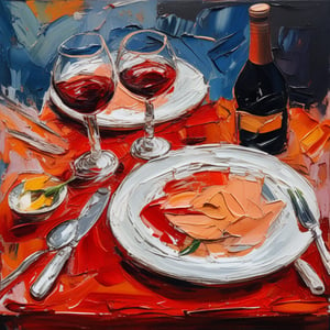 Acrylic, impasto, impasto painting style with acrylic, thick and textured palette knife strokes, thick impasto. A table set for lunch, with two plates, two glasses, and a bottle of red wine. Impasto.