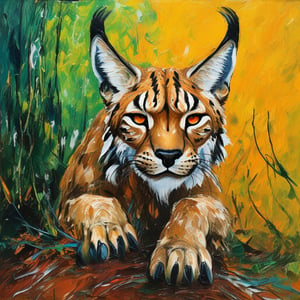 Acrylic, impasto, impasto painting style with acrylic, thick and textured palette knife strokes, thick impasto, striking and surreal imagery. A majestic Iberian lynx is crouched, ready to leap to catch its prey. In the background, the forest blends shades of green, yellow, and ochre. The wild essence of its species captured in the image. Impasto