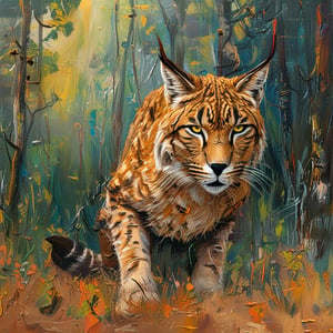 A majestic Iberian lynx, its fur a rich tapestry of tawny hues, crouches low to the ground, coiled springs ready to unleash a lightning-fast pounce on unsuspecting prey. Thick impasto brushstrokes, applied with deliberate force, create a textured, almost three-dimensional quality to the painting's surface. The forest backdrop blends soft greens, sun-kissed yellows, and earthy ochres, evoking the wild, primeval essence of this regal predator. Impasto