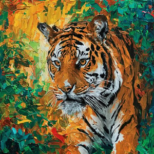 In this dynamic acrylic piece, a Bengal tiger bursts forth from the dense underbrush of a lush jungle, its vibrant colors radiating like a beacon. Thick impasto strokes applied with palette knives create a tactile quality, drawing the viewer in. The tiger's piercing gaze and bared fangs seize attention, while its wild essence seems to reverberate through the artwork. Bold brushstrokes render the dark, mysterious jungle background, plunging the viewer into the heart of the scene.  Acrylic-impasto