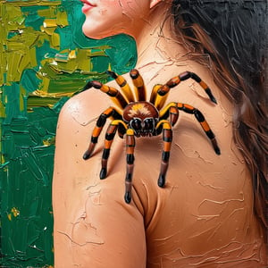 A brown and yellow and menacing tarantula walks across the shoulder of a woman, Acrylic-impasto