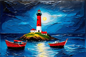 Image of a lighthouse on a small island in the sea. The dark and stormy night. The bright light of the lighthouse guides the small fishing boats that hold on in rough seas.,impasto-acrylic