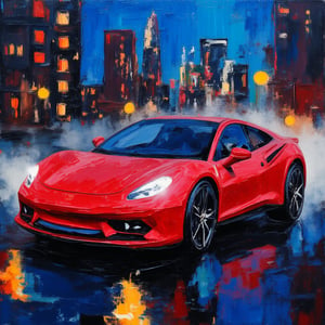 A vibrant red sports car, headlights shining like embers, dominates the frame against a darkened urban landscape at dusk. City skyscrapers rise in the distance, their windows aglow with soft neon hues. The car's textured impasto-acrylic body glistens under spotlights, while the surrounding night air is heavy with misty fog. impasto-acrylic