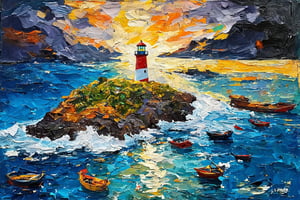 Impasto technique with acrylic. Thick and strong movements with the spatula. Bright and contrasting colors. Marked textures with great relief giving the sensation of three dimensions.
A dramatic impasto artwork of a tiny island lighthouse stands resilient amidst turbulent waters under a dark, starless night sky (La noche es oscura y tormentosa). Thick, heavy brushstrokes with the spatula create textured ridges and valleys, giving depth to the scene. The lighthouse's intense light pierces through the chaos, guiding small fishing boats against the clashing blues and whites of the sea, and warm yellows and oranges of the beacon itself. Acrylic-impasto