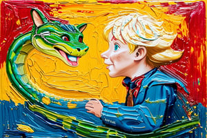 Impasto technique with acrylics. Thick and strong movements with the palette knife. Bright and contrasting colors. Marked textures with a lot of relief. Image of the encounter between the Little Prince and the snake in the tale by Saint-Exupéry. Acrylic-impasto