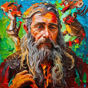 Impasto technique with acrylics. Thick and strong movements with the palette knife. Bright and contrasting colors. Marked textures with a lot of relief. Design the portrait of a Celtic druid. He is a noble and lively elder. He is surrounded by an enchanted forest and fantastic animals. Acrylic-impasto