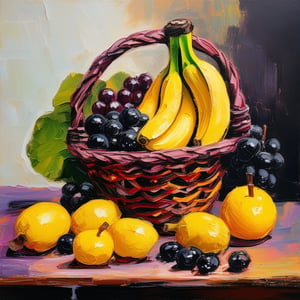 Acrylic, impasto, impasto painting style with acrylic, thick and textured palette knife strokes, thick impasto. On a table, there is a basket containing bananas, apples, and black grapes. Impasto.