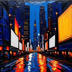 A cityscape at dusk: neon lights illuminate towering skyscrapers, their reflections rippling across darkened sidewalks. Bright billboards and streetlights cast a warm glow on bustling avenues, as the urban landscape comes alive under starry night skies.,impasto-acrylic