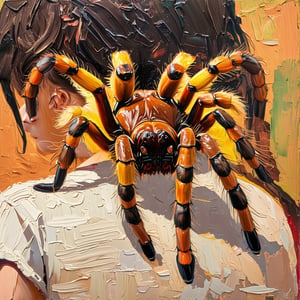 A brown and yellow and menacing tarantula walks across the shoulder of a woman, Acrylic-impasto