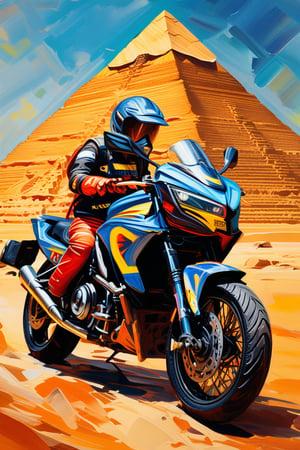 Acrylic, impasto, impasto painting style with acrylic, thick and textured palette knife strokes, thick impasto, striking and surreal imagery. Background image of the pyramids of Egypt. In the foreground, a Kawasaki motorcycle specially designed for road trips. A motorcycle helmet and a travel backpack are also visible. No humans visibles. Impasto.