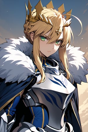 masterpiece,best quality,ultra-detailed,high resolution,perfect anatomy,beautiful detailed eyes,more detail XL, 1girl, solo, long hair, looking at viewer, blonde hair, thighhighs, hair between eyes, closed mouth, green eyes, braid, sidelocks, cape, armor, fur trim, crown, gauntlets, french braid, serious, breastplate, braided bun, fur-trimmed cape, artoria pendragon \(fate\), artoria pendragon \(lancer\) \(fate\), Fate Grand Order,