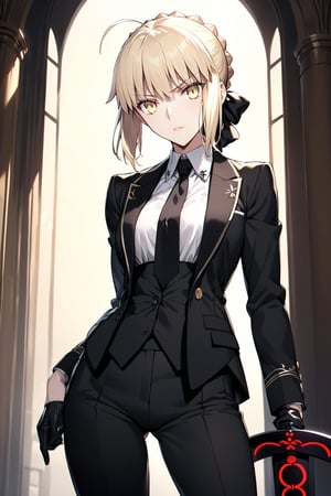 masterpiece,best quality,ultra-detailed,high resolution,perfect anatomy,beautiful detailed eyes,more detail XL, 1girl, solo, looking at viewer, short hair, blonde hair, gloves, ribbon, hair ribbon, yellow eyes, weapon, braid, flower, ahoge, necktie, alternate costume, pants, sword, hair bun, formal, suit, spider lily, excalibur \(fate/stay night\), pant suit, artoria pendragon \(fate\), saber, saber alter, Fate Grand Order,