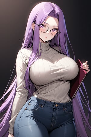 masterpiece,best quality,ultra-detailed,high resolution,perfect anatomy,beautiful detailed eyes,more detail XL, 1girl, solo, long hair, breasts, looking at viewer, large breasts, very long hair, purple eyes, purple hair, glasses, pants, sweater, official alternate costume, book, turtleneck, black background, holding book, jeans, medusa \(fate\), medusa \(rider\) \(fate\),MEDUSA RIDER