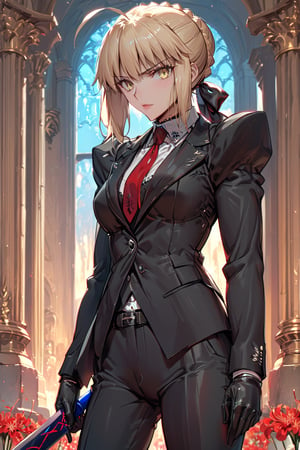 masterpiece,best quality,ultra-detailed,high resolution,perfect anatomy, well endowed body, perfect hands, perfect shape, perfct body,beautiful detailed eyes,more detail XL, solo, looking at viewer, 1girl, solo, looking at viewer, short hair, blonde hair, gloves, ribbon, hair ribbon, yellow eyes, weapon, braid, flower, ahoge, necktie, alternate costume, pants, sword, hair bun, formal, suit, spider lily, excalibur \(fate/stay night\), pant suit, artoria pendragon \(fate\), saber, saber alter, Fate Grand Order, HKSTYLE,