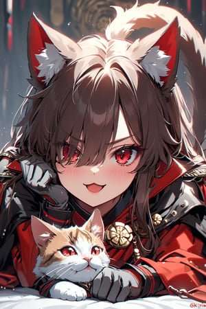 masterpiece,best quality,ultra-detailed,high resolution,perfect anatomy,beautiful detailed eyes,more detail XL, 1girl, long hair, looking at viewer, smile, open mouth, bangs, brown hair, red eyes, gloves, long sleeves, animal ears, jacket, tail, lying, cat ears, chibi, twitter username, hair over one eye, cat tail, :3, on stomach, kemonomimi mode, head rest, grey gloves, oda nobunaga \(fate\), oda nobunaga \(koha-ace\), Fate Grand Order, HKSTYLE