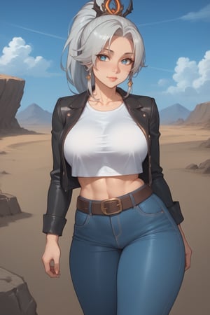 Here is a coherent and stable diffusion prompt based on your input:

Create an ultra-detailed, masterpiece-level illustration of a stunning elvish monster girl, 26 years old, with light silver hair tied in an aquamarine-hued ponytail and adorned with long horns. She stands in a desert landscape, wearing a leather jacket, blue jeans, and a leather belt, her scales glistening in the spectacular lighting. Her well-endowed body is showcased, featuring large breasts, well-formed hips, and a perfectly toned buttocks. The camera captures her from behind, walking off into the sunset, with a hint of cleavage visible. The scene is set against a breathtaking HDR background with depth of field, 8K quality, and Ray tracing, showcasing intricate details and perfect anatomy. The illustration should feature vibrant colors, high contrast, and the best texture quality possible.