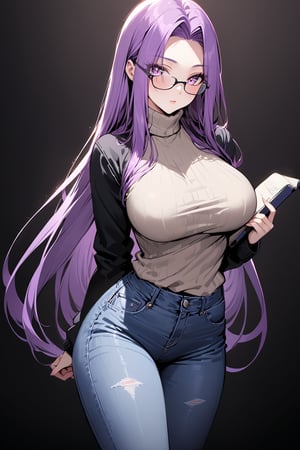 masterpiece,best quality,ultra-detailed,high resolution,perfect anatomy,beautiful detailed eyes,more detail XL, 1girl, solo, long hair, breasts, looking at viewer, large breasts, very long hair, purple eyes, purple hair, glasses, pants, sweater, official alternate costume, book, turtleneck, black background, holding book, jeans, medusa \(fate\), medusa \(rider\) \(fate\),MEDUSA RIDER