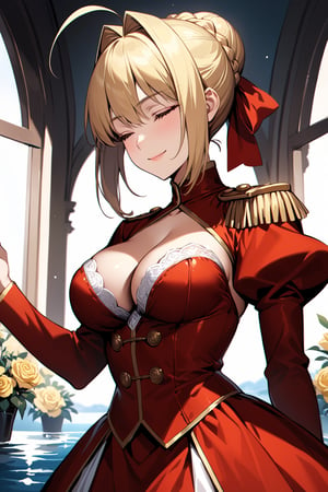 masterpiece,best quality,ultra-detailed,high resolution,perfect anatomy,beautiful detailed eyes,more detail XL, 1girl, solo, breasts, smile, bangs, blonde hair, large breasts, long sleeves, dress, ribbon, cleavage, medium breasts, closed mouth, closed eyes, hair ribbon, braid, flower, ahoge, sidelocks, puffy sleeves, water, hair bun, rose, hair intakes, red dress, single hair bun, juliet sleeves, french braid, epaulettes, yellow flower, nero claudius \(fate\), nero claudius \(fate/extra\), Fate Grand Order,