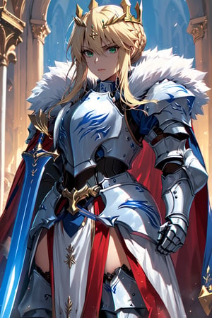 masterpiece,best quality,ultra-detailed,high resolution,perfect anatomy,beautiful detailed eyes,more detail XL, 1girl, solo, long hair, looking at viewer, blonde hair, thighhighs, hair between eyes, closed mouth, green eyes, braid, sidelocks, cape, armor, fur trim, crown, gauntlets, french braid, serious, breastplate, braided bun, fur-trimmed cape, artoria pendragon \(fate\), artoria pendragon \(lancer\) \(fate\), Fate Grand Order, HKSTYLE