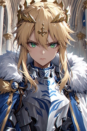 masterpiece,best quality,ultra-detailed,high resolution,perfect anatomy,beautiful detailed eyes,more detail XL, 1girl, solo, long hair, looking at viewer, blonde hair, thighhighs, hair between eyes, closed mouth, green eyes, braid, sidelocks, cape, armor, fur trim, crown, gauntlets, french braid, serious, breastplate, braided bun, fur-trimmed cape, artoria pendragon \(fate\), artoria pendragon \(lancer\) \(fate\),, Fate Grand Order, HKSTYLE