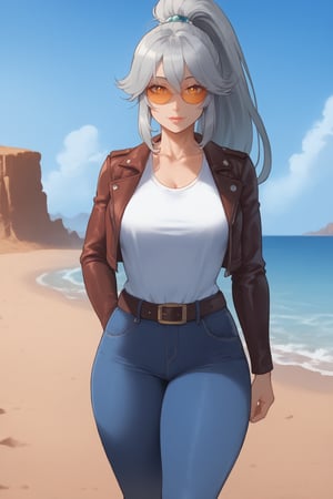 Create an ultra-detailed masterpiece-level illustration of a stunning 26-year-old elvish monster girl with light silver hair tied in an aquamarine-ponytail adorned with long horns. She stands amidst a breathtaking desert landscape, donning a leather jacket, blue jeans, and a leather belt, her scales glistening in the spectacular lighting that casts a warm glow on her well-endowed body, featuring large breasts, well-formed hips, and a perfectly toned buttocks. The scene is set against an HDR background with depth of field, 8K quality, and Ray tracing, showcasing intricate details and perfect anatomy as she walks off into the sunset, with a hint of cleavage visible. The illustration should feature vibrant colors, high contrast, and the best texture quality possible, with her figure walking towards the horizon amidst a sea of golden sand and towering dunes, with the sky ablaze in shades of crimson and orange.