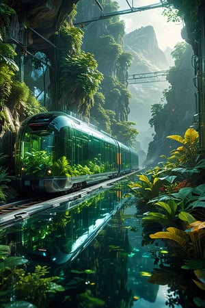 futuristic and cinematic scene, an advanced train with a sleek transparent glass exterior, traveling through a breathtaking landscape, with mountains on distant, the train's interior is filled with vibrant green plants, creating a miniature greenhouse effect, The surrounding environment is bathed in soft ethereal light filtering through gaps in the dense foliage, casting a glow on the reflective water below, the atmosphere is serene and otherworldly, combining elements of nature and futuristic technology, , , , 