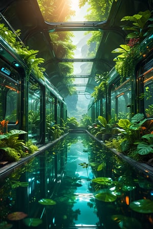 futuristic and cinematic scene, an advanced train with a sleek transparent glass exterior, traveling through a breathtaking landscape, with mountains on distant, the train's interior is filled with vibrant green plants, creating a miniature greenhouse effect, The surrounding environment is bathed in soft ethereal light filtering through gaps in the dense foliage, casting a glow on the reflective water below, the atmosphere is serene and otherworldly, combining elements of nature and futuristic technology, , , , 