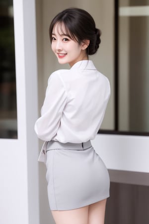 Masterpiece, beautiful Japanese mature woman, business suit, cotton tight skirt, pose emphasizing buttocks, woman turning around, beautiful eyes, beautiful face, sexy legs, smiling face, round face, updo,