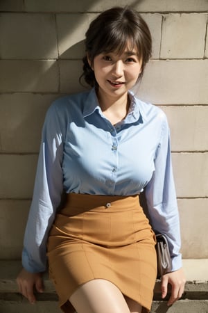 Masterpiece, beautiful Japanese mature woman, detailed eyes, detailed face, buttoned business shirt, cotton tight skirt, beautiful flesh-toned thighs, smiling, droopy eyes, gentle eyes, updo, bangs, leaning against wall, cinematic lighting,