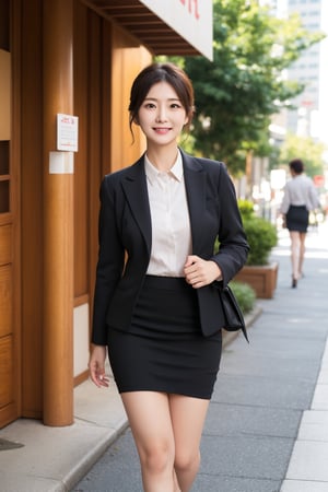 Beautiful Japanese woman, beautiful mature woman, elegant sexiness, sexy, business suit, cotton tight skirt, walking in the city, turning around, smiling, round face, updo, thighs, non-mutated hands, non-mutated feet, non-mutated fingers,