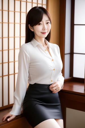 Beautiful Japanese woman, mature woman, tight button blouse, tight skirt, 4K high resolution, real, natural light, reality, masterpiece, beautiful chest, beautiful legs, attractive thighs, small breasts, gentle smile, married woman,