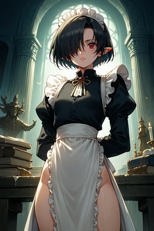 source_anime, source_fantasy, ((score_9)),score_8_up,score_7_up,score_6_up,score_5_up,score_4_up, rating_questionable, (masterpiece), beat quality, detailed manga illustration, dark fantasy,
BREAK,
1girl, black hair, red eye, (hair over one eye), straight hair, short hair, pointy_ears, ((hourglass body)), flat chest, (maid outfit, pelvic curtain), {{{age}}} cowboy shot,
BREAK,
(in a fantasy elvish mansion set in a dark fantasy world), (the architecture is ancient elvish ), (in a dining hall), nighttime, Very detailed, retro_artstyle 