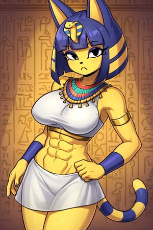 Sleeveless, white dress ,midriff, abs, catgirl, furry, digital artwork, artwork_(digital), croptop,ankha (animal crossing),bare_midriff, Egyptian,egypt, 1girl