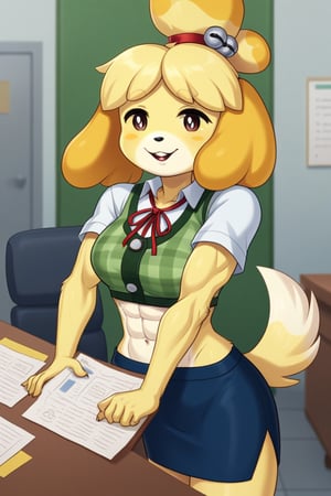 isabelle \(animal crossing\), short sleeve, work attire, blue skirt, red ribbon tie, midriff, abs, dog girl, furry, digital artwork, artwork_(digital), croptop,workplace,1girl, anthrofur,anthro 