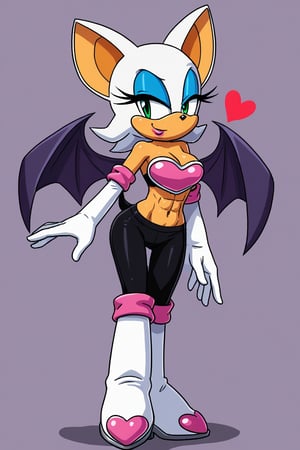 rouge, animal ears, bat ears,bat girl, bat tail, bat wings,eyeliner, furry, furry female,green eyes, makeup,white hair, eyeshadow,bare shoulders, boots, elbow gloves, heart, knee boots,white footwear, white gloves,midriff,abs,artwork_(digital),digital_art,furry,anhtro,croptop,1girl, sideview 