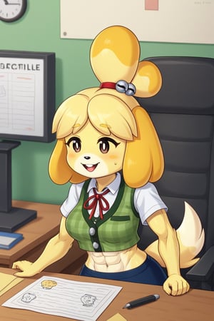 isabelle \(animal crossing\), short sleeve, plaid vest, work attire, blue skirt, red ribbon tie, midriff, abs, dog girl, furry, digital artwork, artwork_(digital), croptop,workplace,1girl, anthrofur,anthro 