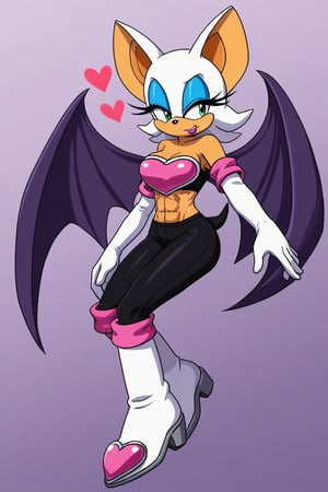 rouge, animal ears, bat ears,bat girl, bat tail, bat wings,eyeliner, furry, furry female,green eyes, makeup,white hair, eyeshadow,bare shoulders, boots, elbow gloves, heart, knee boots,white footwear, white gloves,midriff,abs,artwork_(digital),digital_art,furry,anhtro,croptop,1girl, sideview 