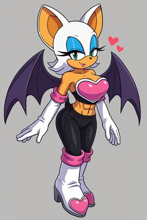 rouge, animal ears, bat ears,bat girl, bat tail, bat wings,eyeliner, furry, furry female,green eyes, makeup,white hair, eyeshadow,bare shoulders, boots, elbow gloves, heart, knee boots,white footwear, white gloves,midriff,abs,artwork_(digital),digital_art,furry,anhtro,croptop,1girl, sideview 